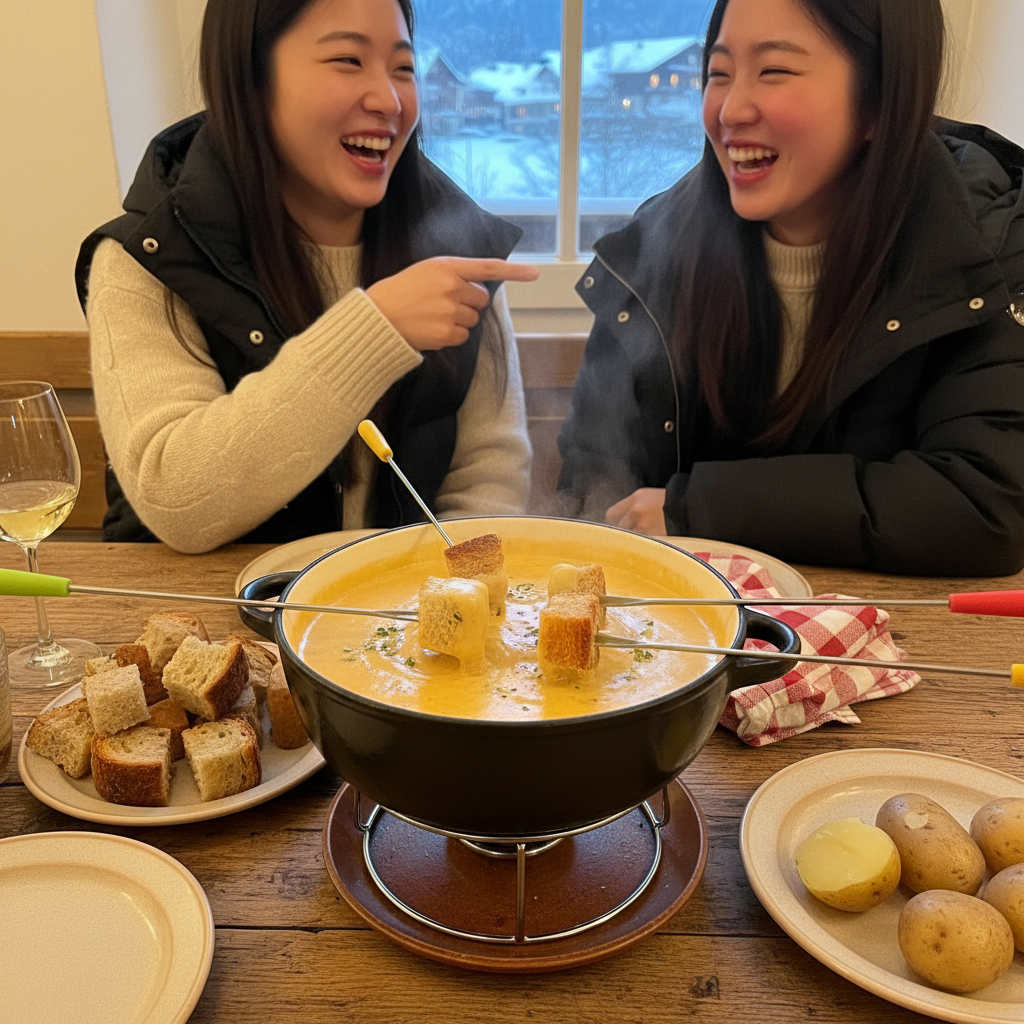 보글보글 끓고 있는 치즈 퐁듀와 찍어 먹을 빵, 감자
