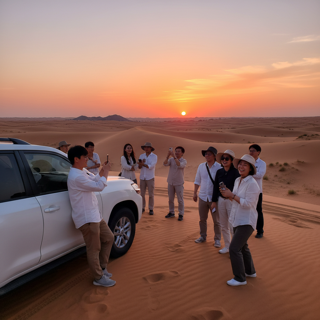 해 질 녘 붉게 물든 사막 언덕에 멈춰 선 랜드크루저와 사람들
