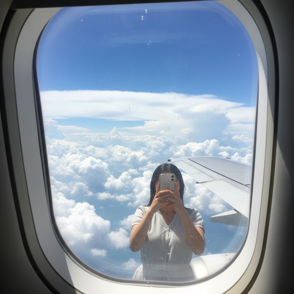 비행기 창문 너머로 보이는 푸른 하늘과 솜사탕 같은 구름