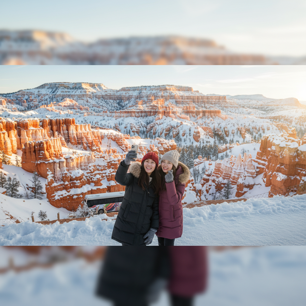 눈 덮인 브라이스 캐니언의 붉은 첨탑들이 햇살을 받아 빛나는 파노라마 전경