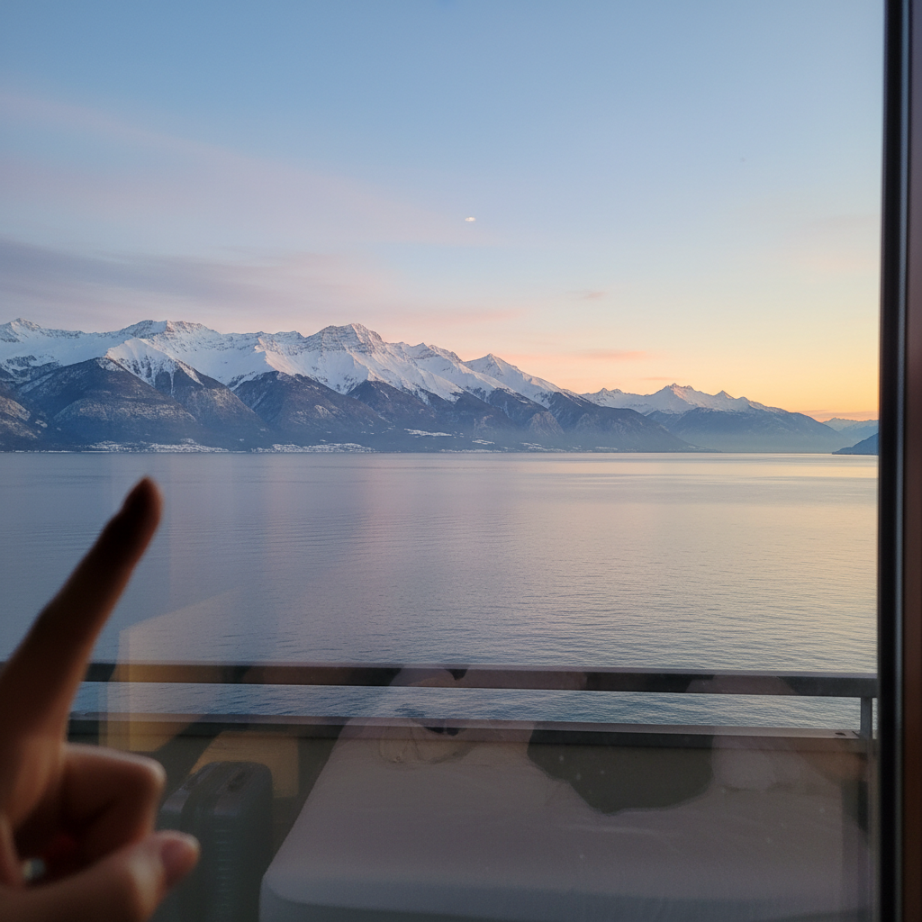 호텔 방 창문에서 바라본 해질녘의 레만 호수와 눈 덮인 산