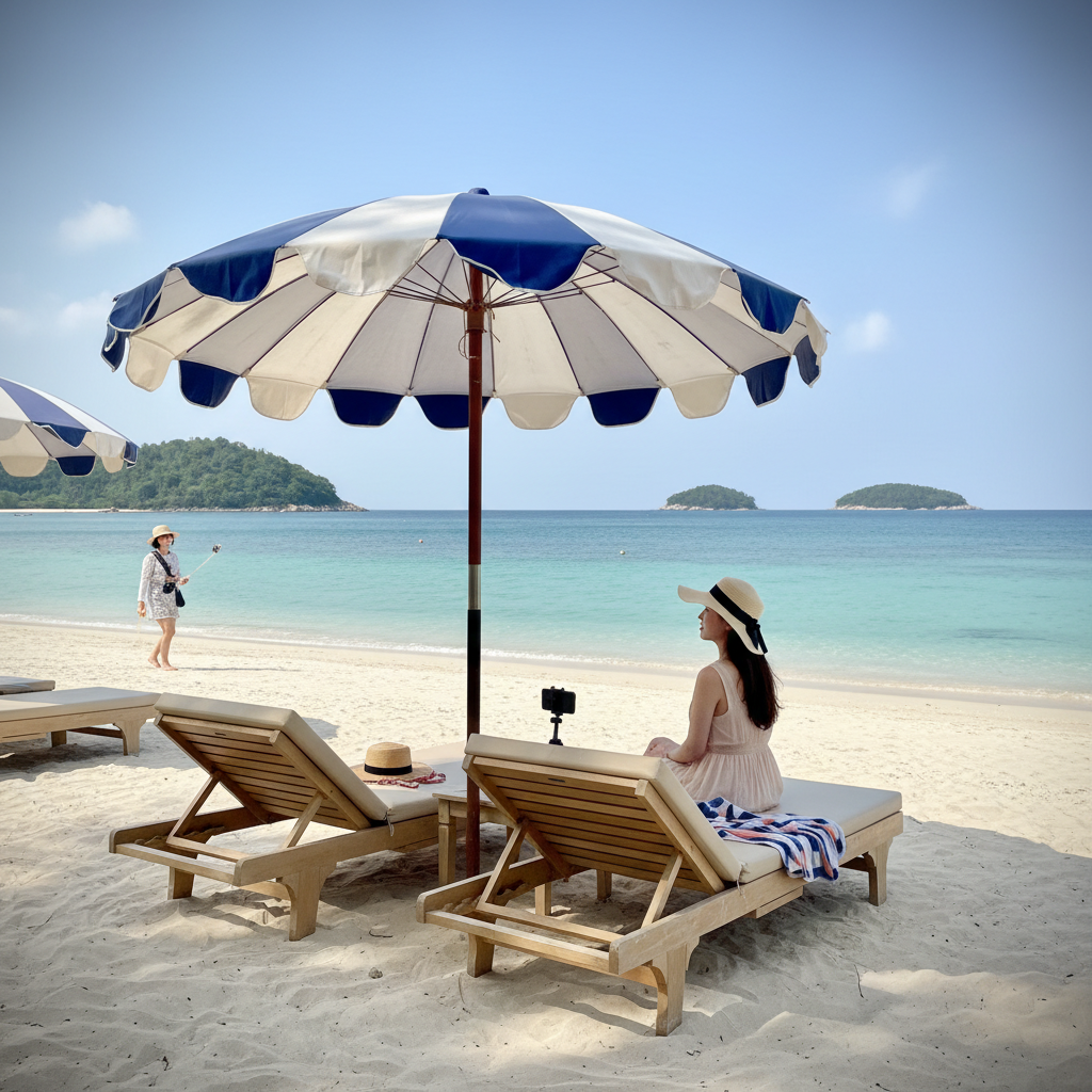 푸른 바다와 하얀 백사장이 펼쳐진 산호섬 해변에 놓인 파라솔과 선베드