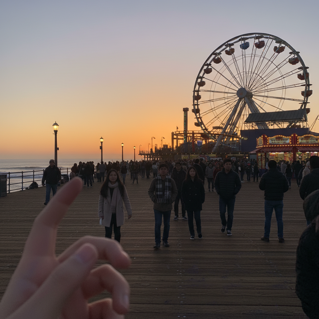 해질녘 노을을 배경으로 한 산타모니카 피어의 관람차와 활기찬 모습