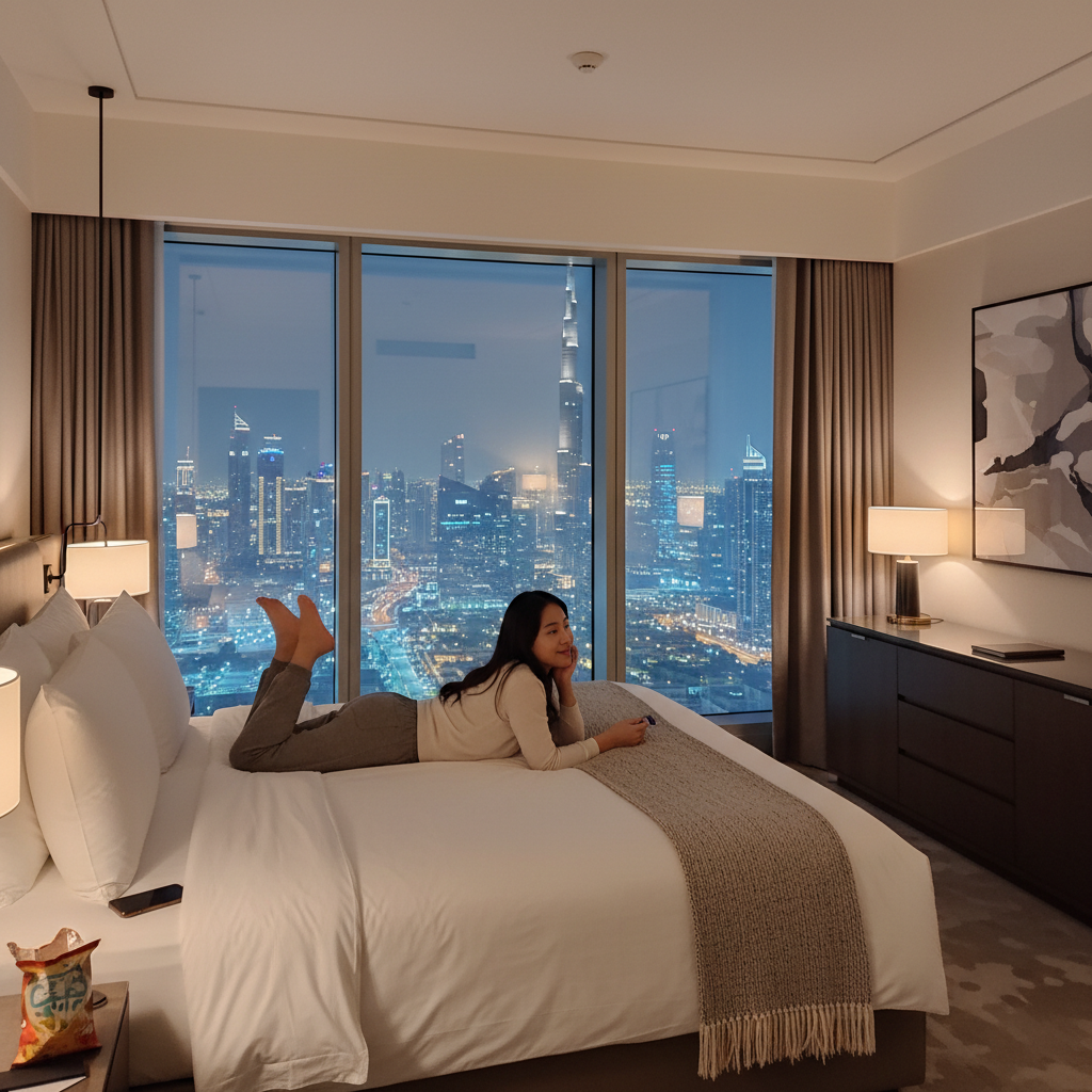 넓고 현대적인 호텔 룸 내부, 창밖으로 두바이의 야경이 보이는 사진