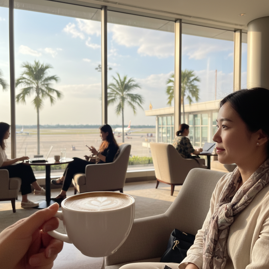 공항 라운지에서 창밖을 보며 커피를 마시는 모습