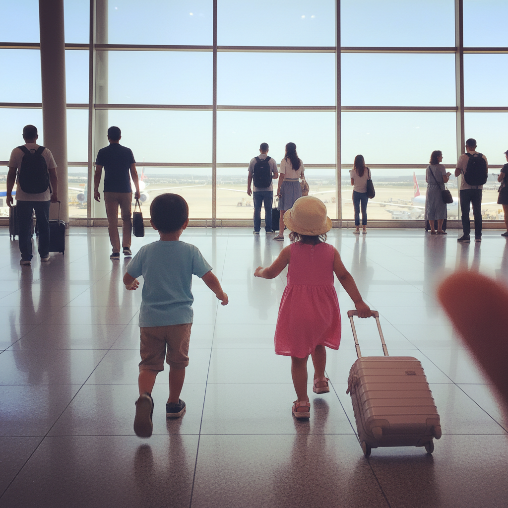 공항에서 캐리어를 끌고 신나게 걸어가는 두 아이의 뒷모습