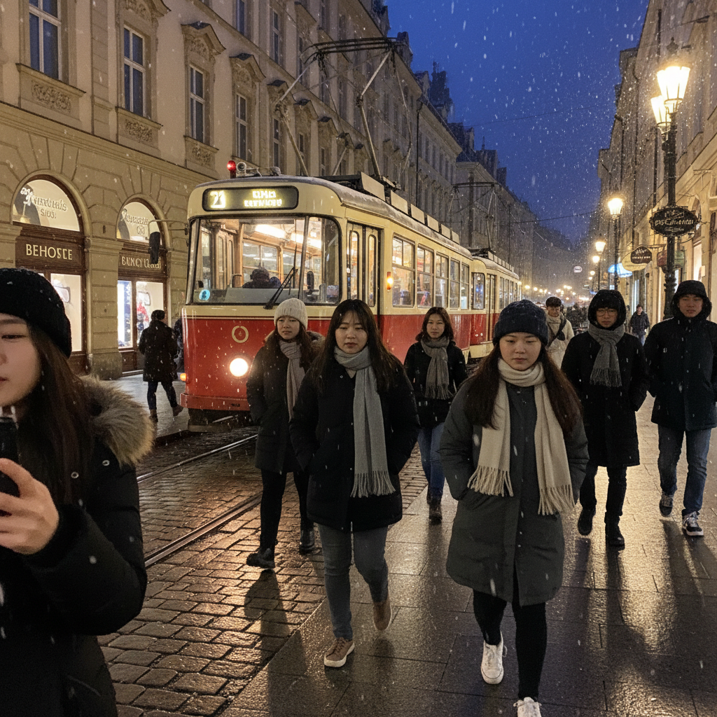 밤에 멈춰 선 트램과 걸어가는 사람들