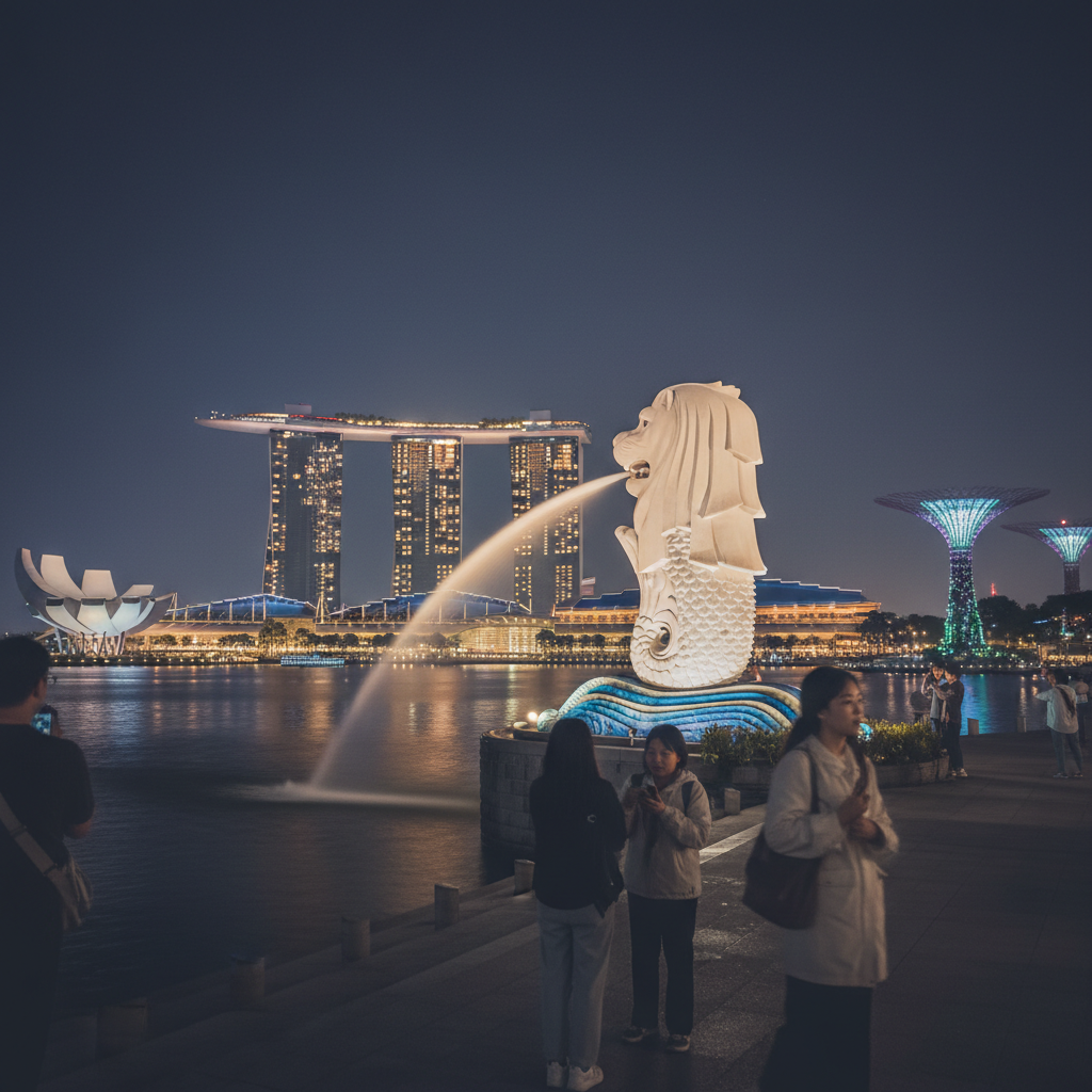 싱가포르의 상징, 머라이언과 마리나 베이 샌즈가 어우러진 야경
