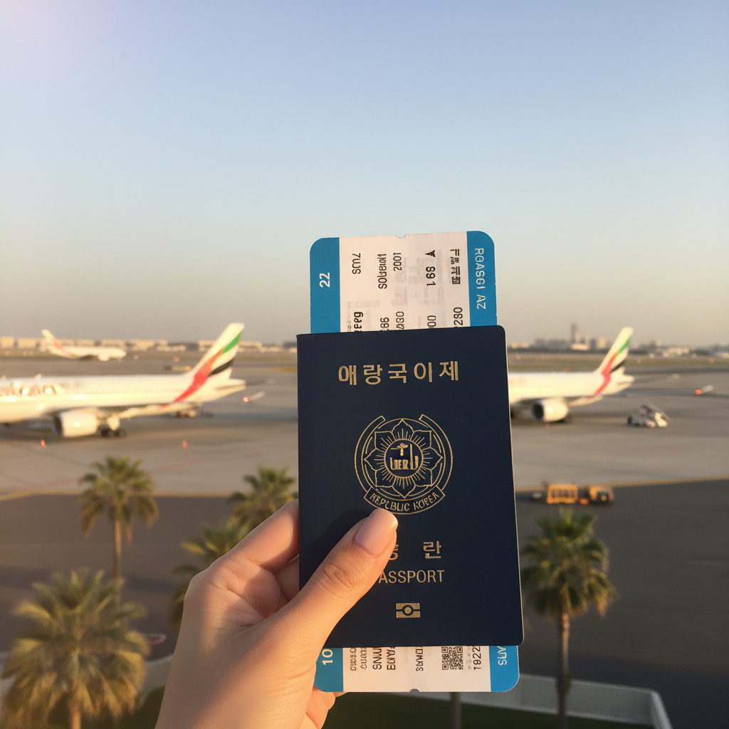 활주로를 배경으로 여권과 비행기 티켓을 들고 있는 손