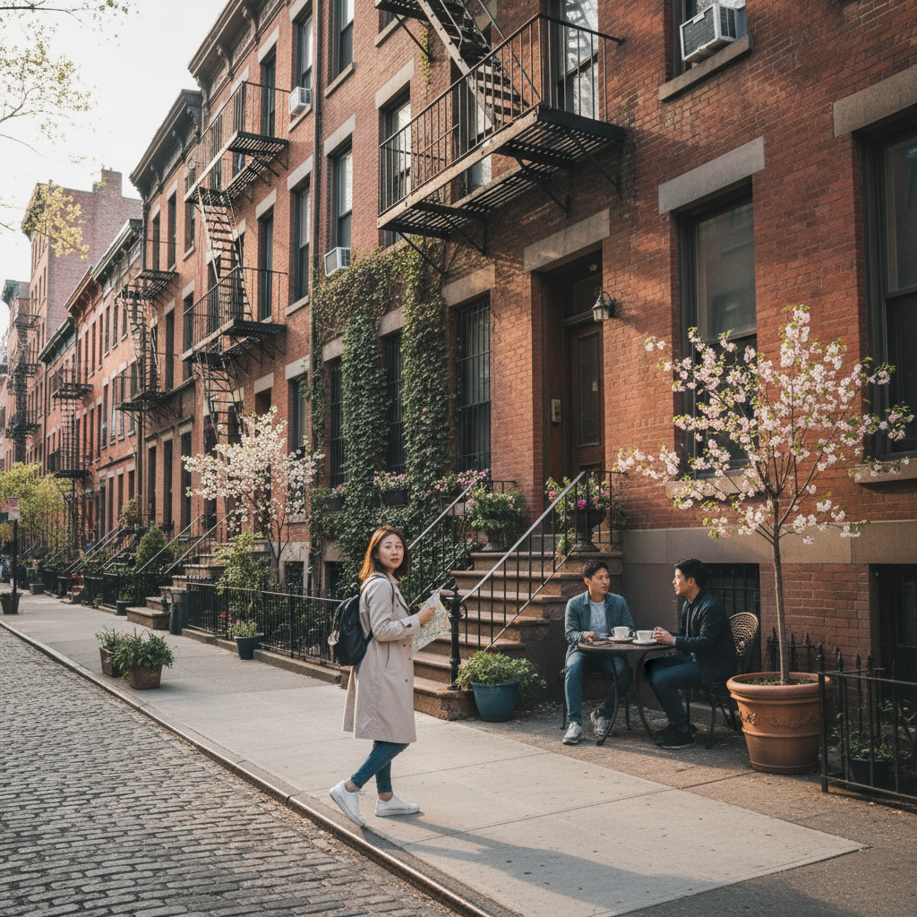 뉴욕 그리니치 빌리지의 한적한 골목길, 붉은 벽돌 건물과 계단이 보이는 풍경