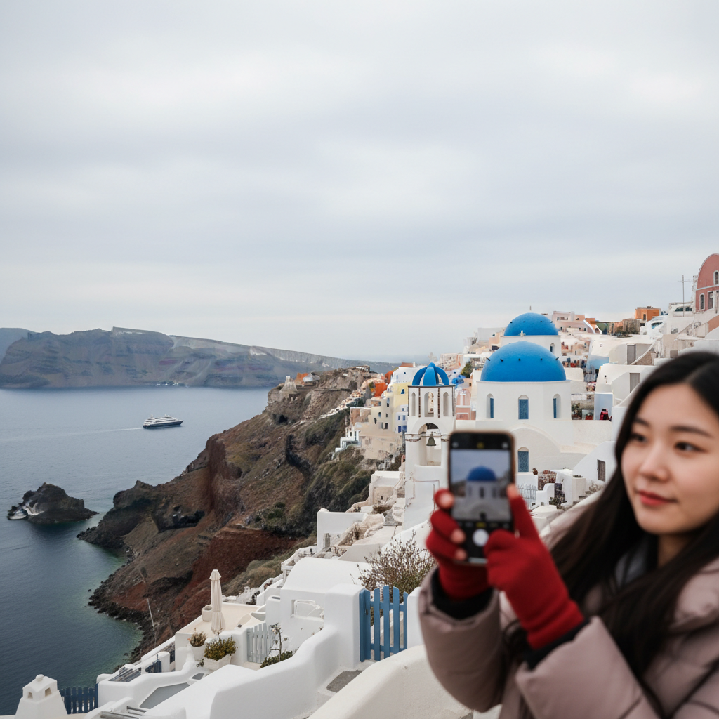 산토리니 이아 마을의 파란 돔과 하얀 집들이 어우러진 우아한 전경