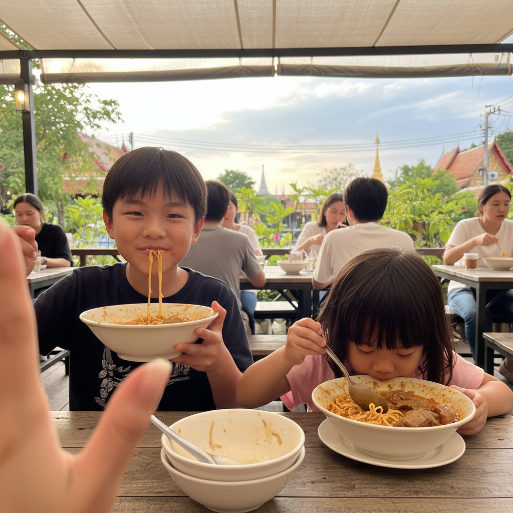 카오소이를 맛있게 먹고 있는 아이들의 모습
