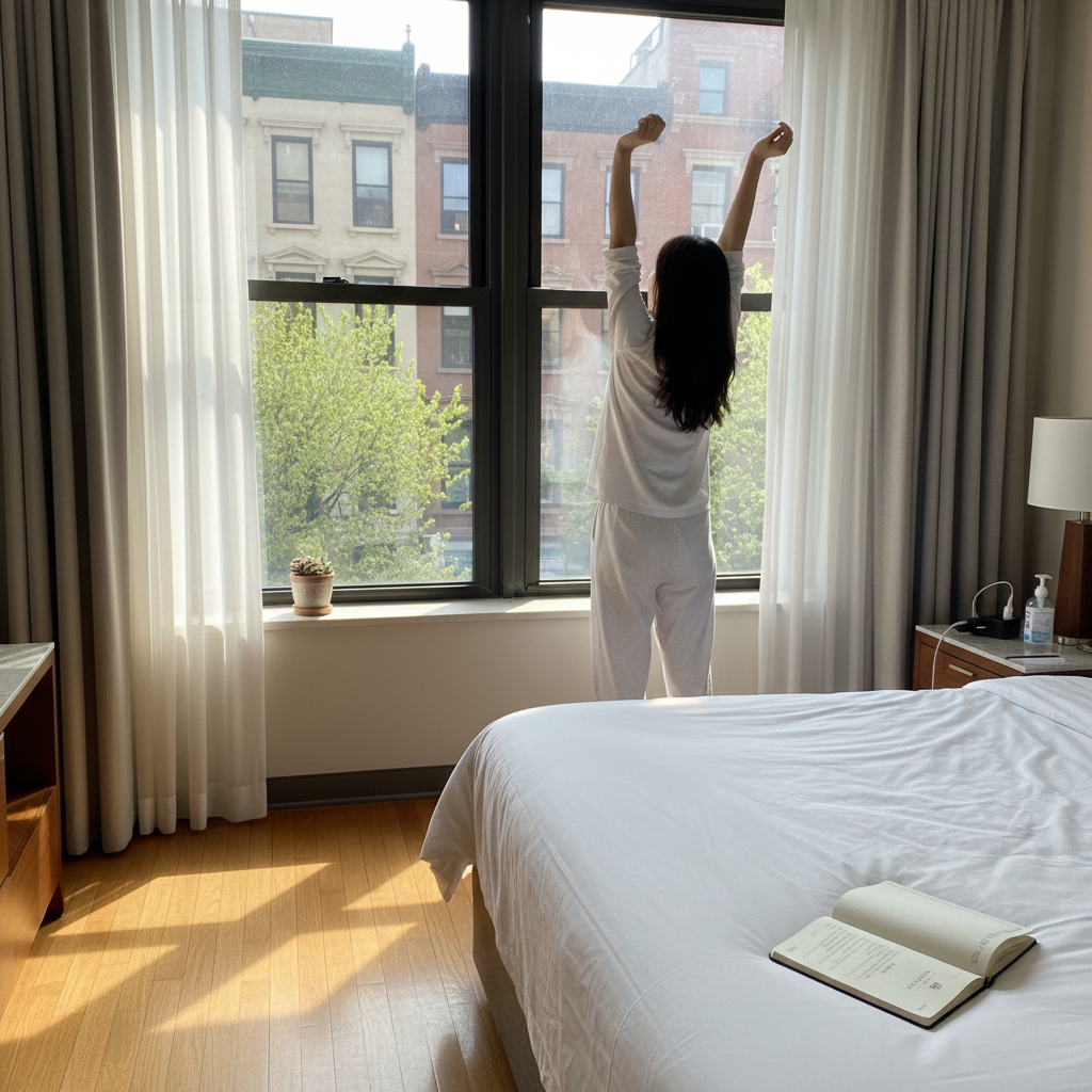 깔끔하게 정돈된 뉴욕 호텔 방 창문으로 햇살이 들어오는 모습