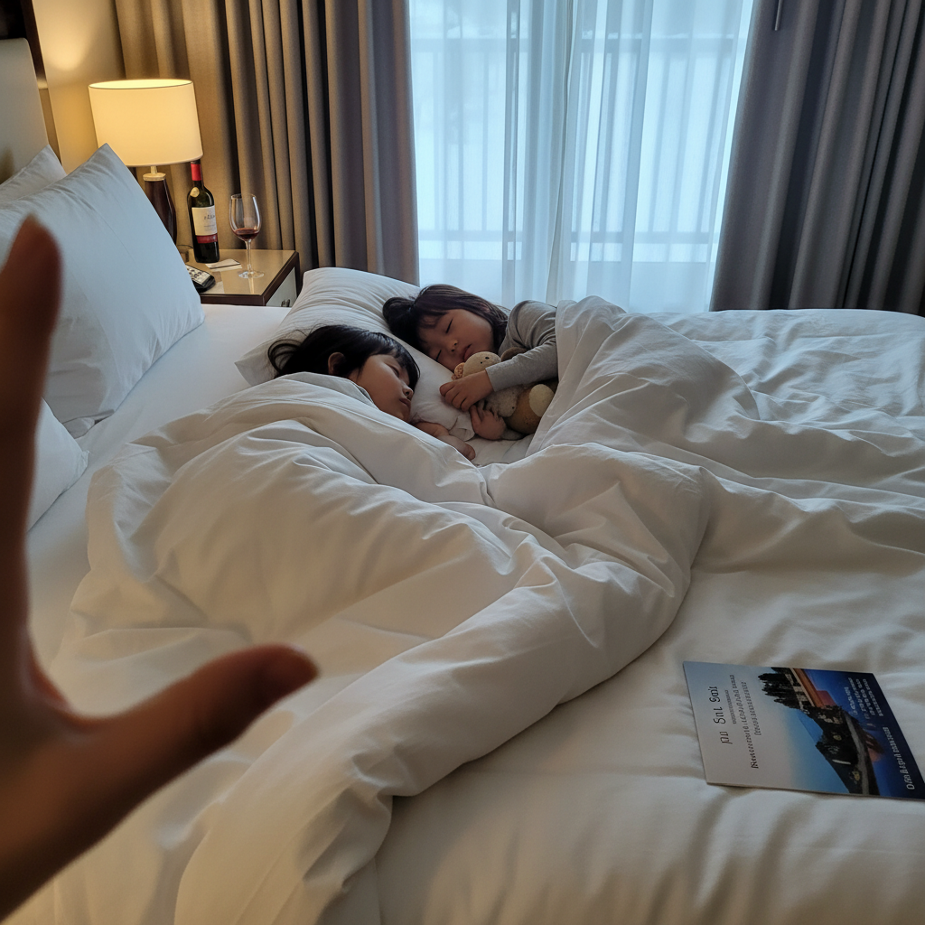 호텔 침대에서 곤히 잠든 두 아이의 모습