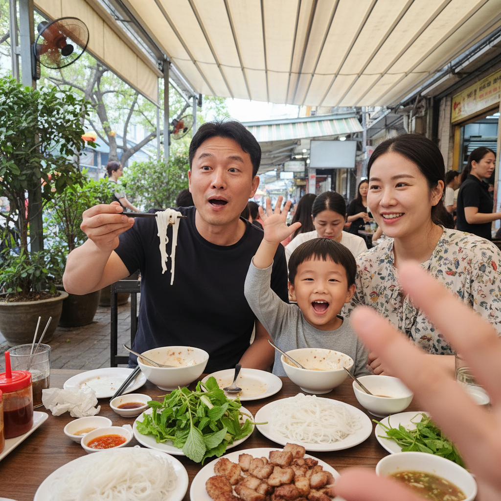 식당에서 분짜를 맛있게 먹고 있는 가족의 모습