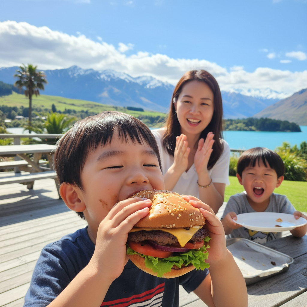 커다란 햄버거를 양손으로 잡고 열심히 먹고 있는 아이와 가족