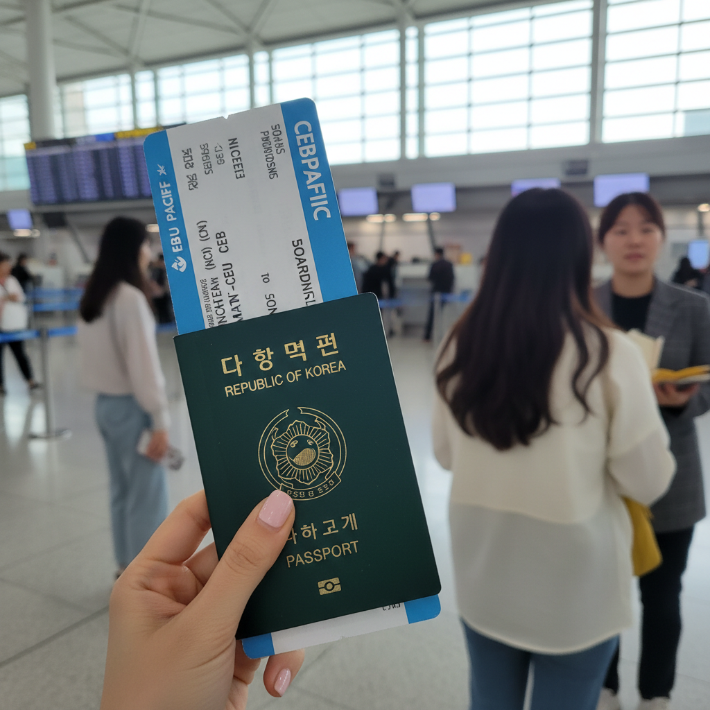 인천공항 출발 전, 비행기 티켓과 여권을 들고 있는 모습