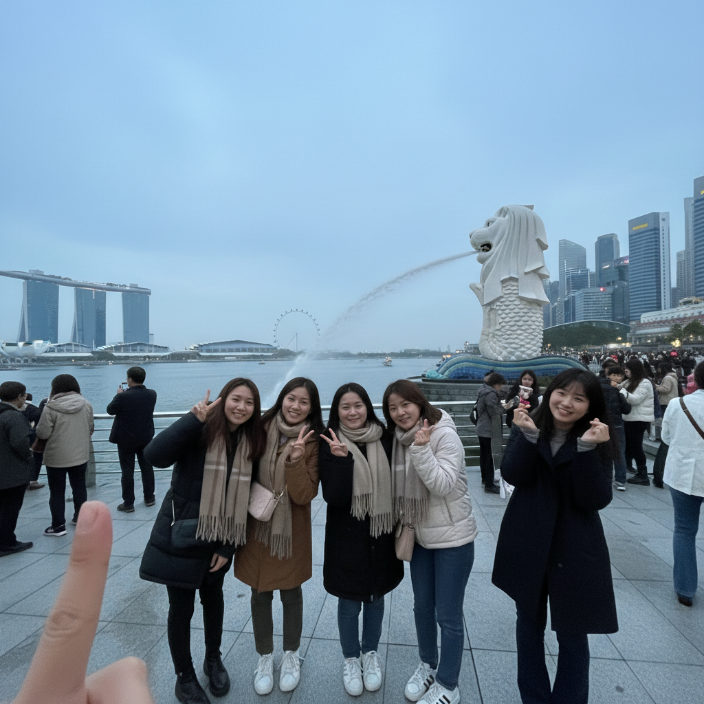 머라이언 공원에서 물을 뿜는 머라이언 동상과 관광객들