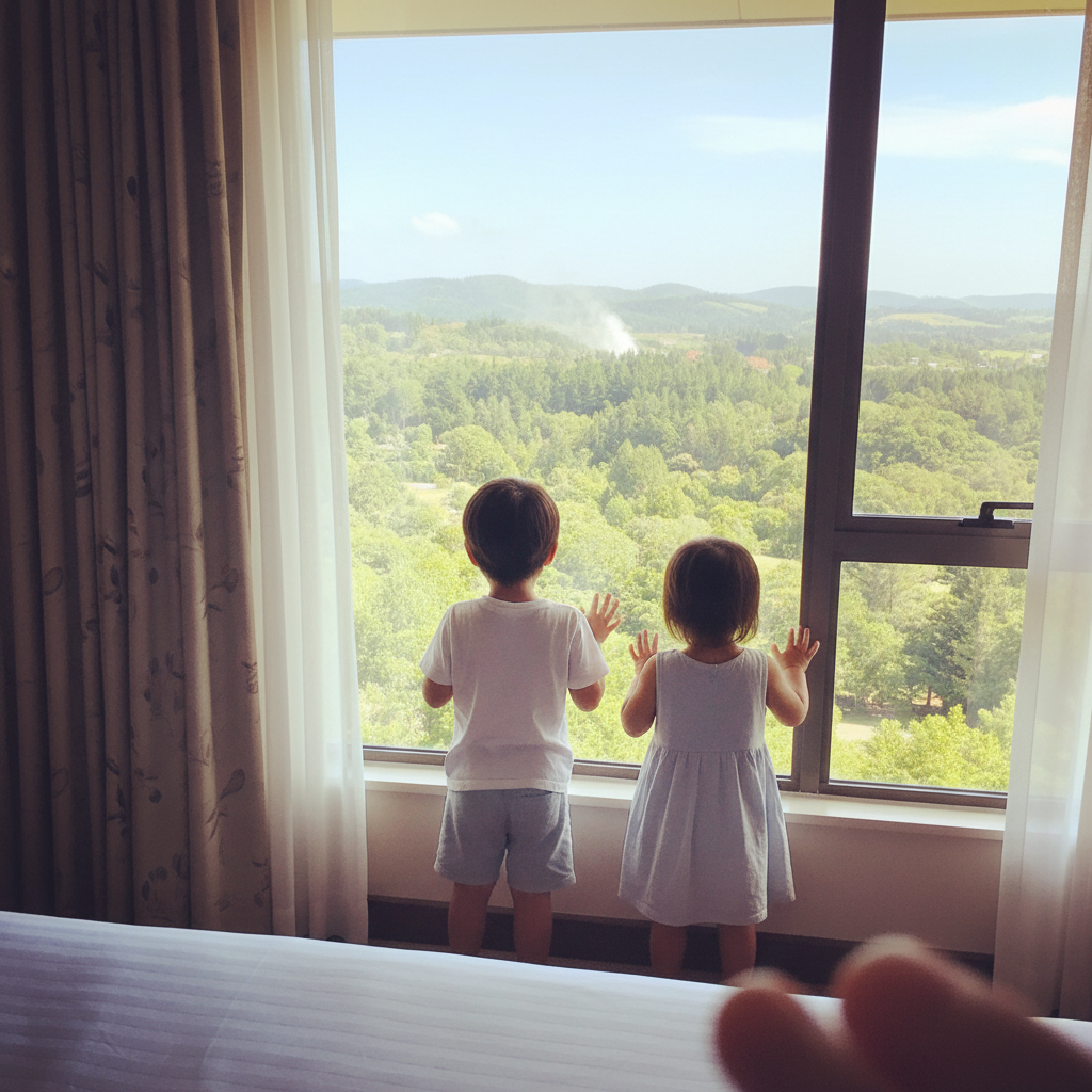 호텔 방 창가에 서서 바깥 풍경을 구경하는 아이들 뒷모습