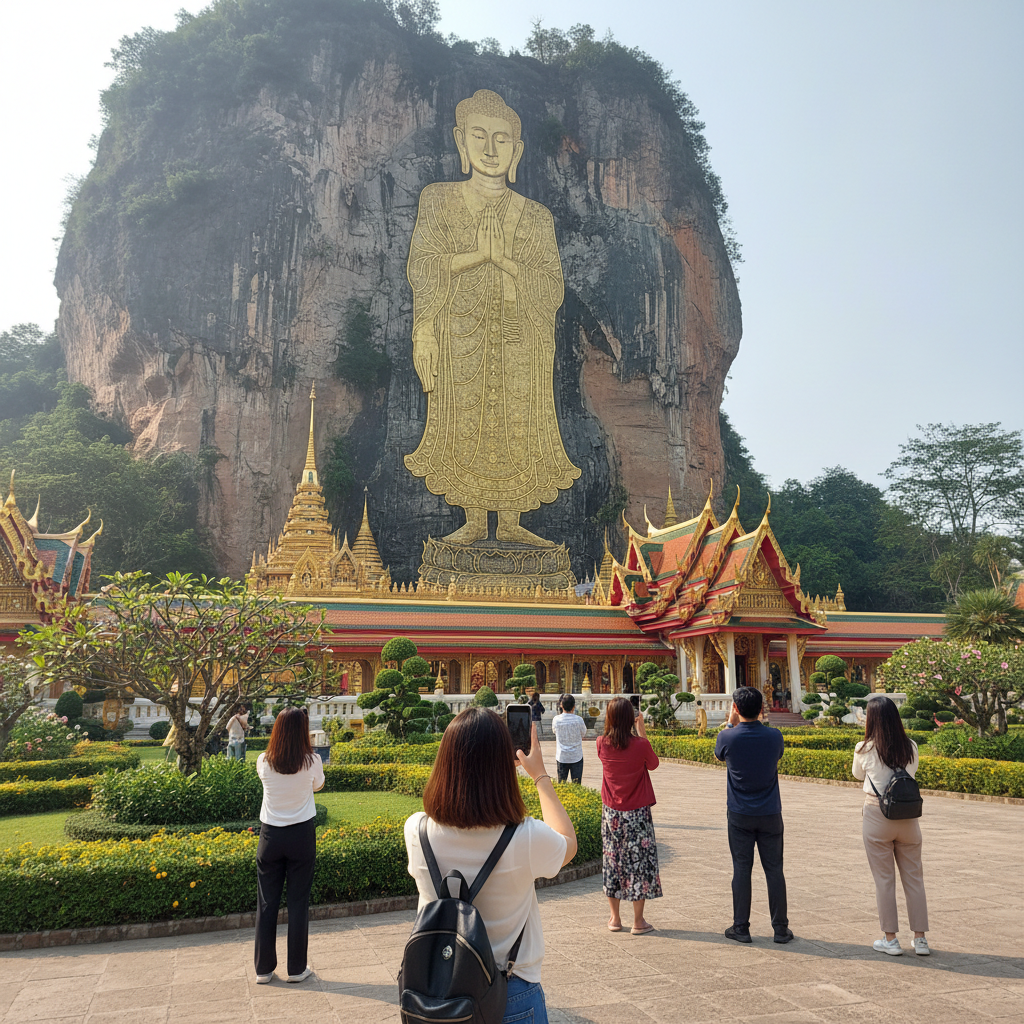 거대한 절벽에 금으로 새겨진 웅장한 황금 절벽 사원의 불상