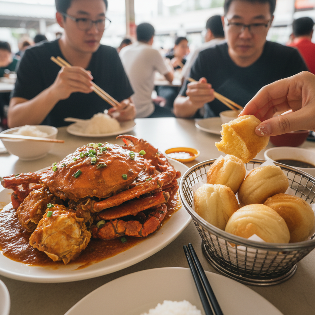 먹음직스러운 칠리 크랩과 튀긴 빵(만토우)