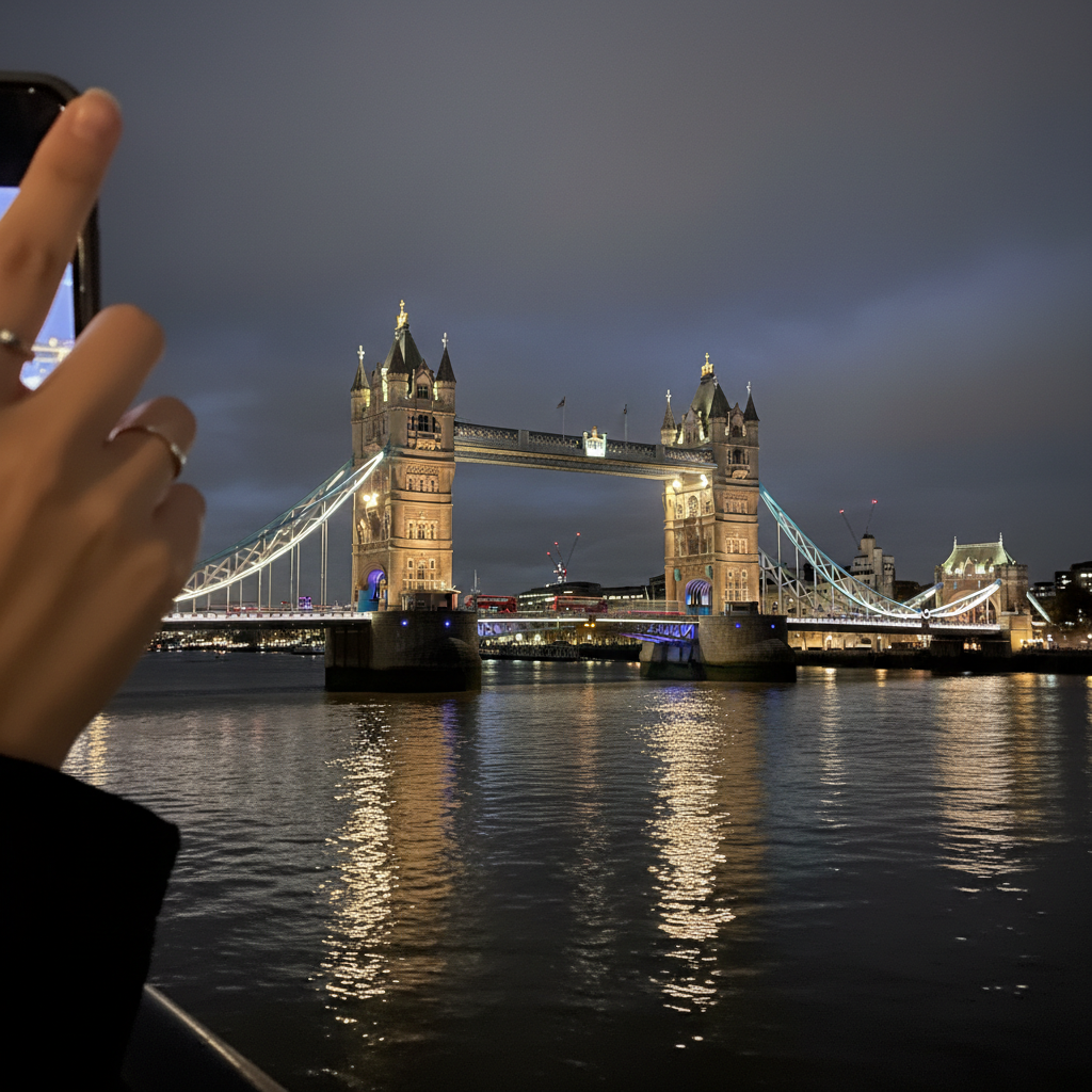 밤에 조명이 켜진 런던 타워브리지