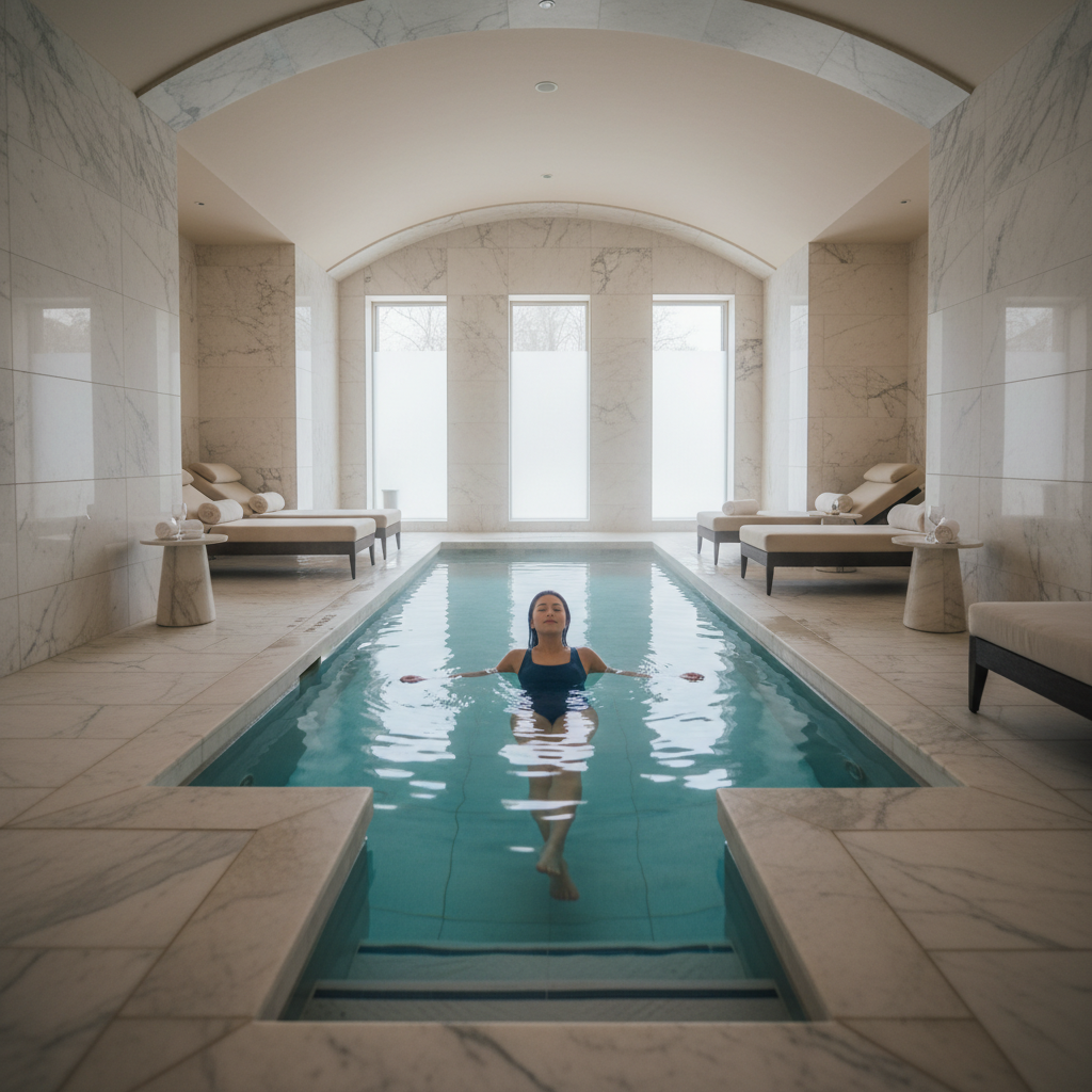 고급스러운 대리석으로 꾸며진 한적한 호텔 실내 스파 풀