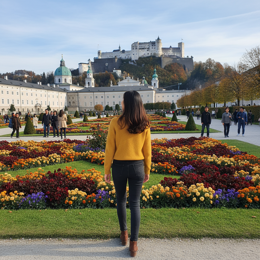 잘츠부르크 미라벨 정원에서 활짝 핀 꽃들 사이를 여유롭게 산책하는 뒷모습, 배경으로 호엔잘츠부르크 성이 보이는 구도