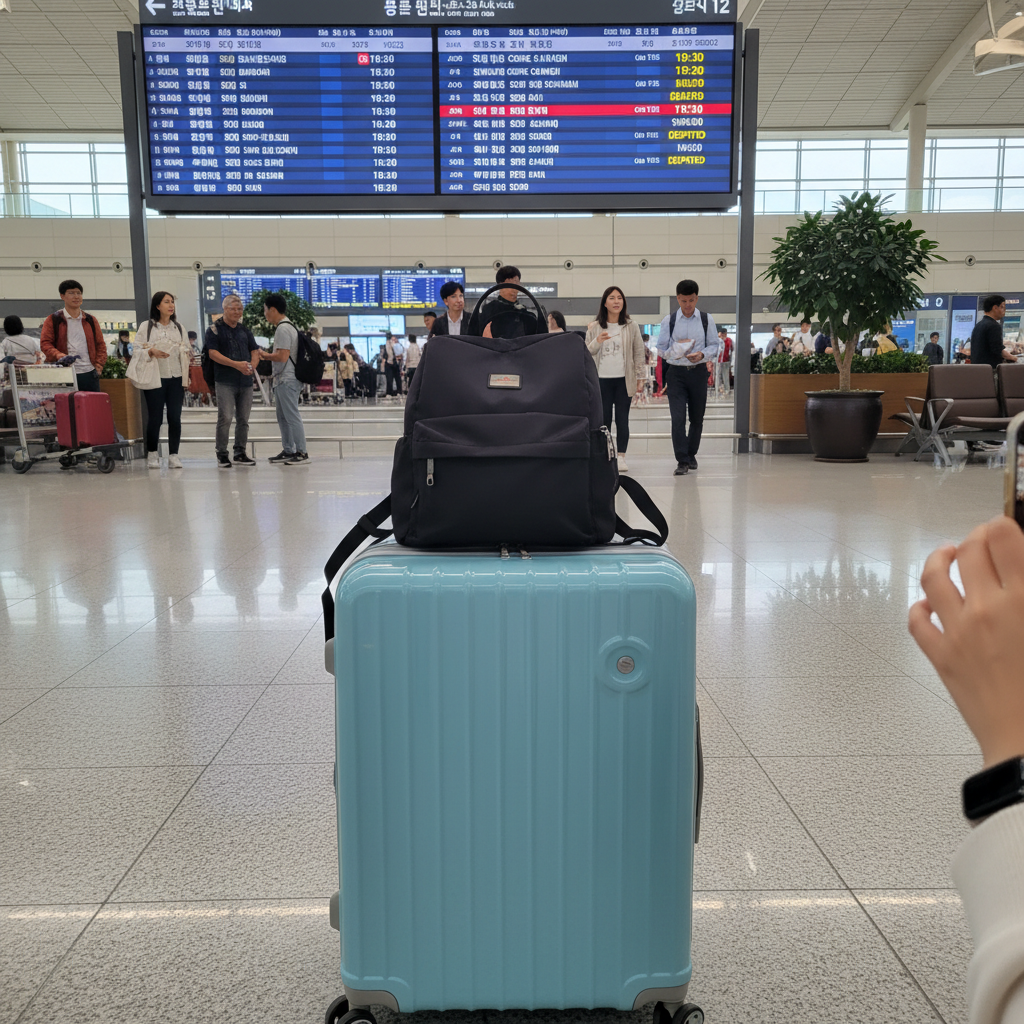 인천공항 출발 전광판과 내 캐리어