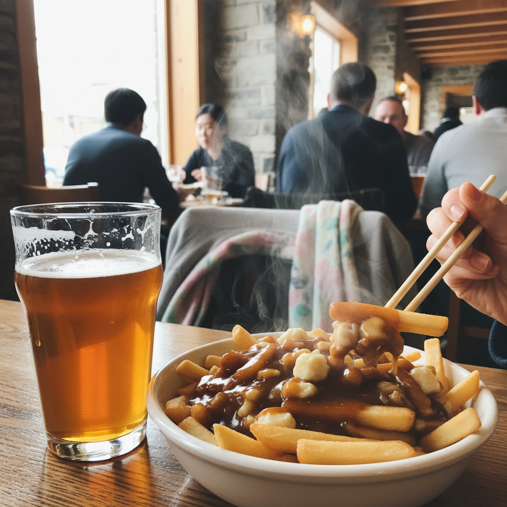 퀘벡 로컬 식당에서 먹은 김이 모락모락 나는 푸틴과 맥주 한 잔