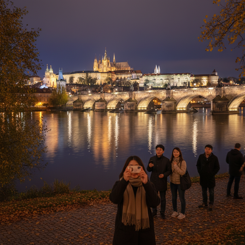 밤에 조명이 켜진 프라하 까를교와 프라하 성의 전경, 강물에 비친 불빛이 아름답게 반짝이는 모습