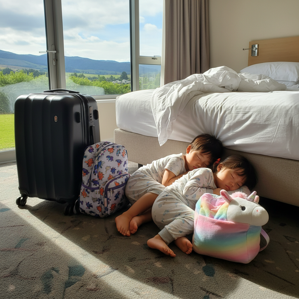캐리어 옆에 자기들 장난감 가방을 나란히 놓고 잠든 아이들 모습