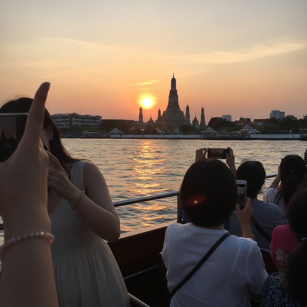 차오프라야 강 수상버스에서 바라본 왓 아룬의 일몰