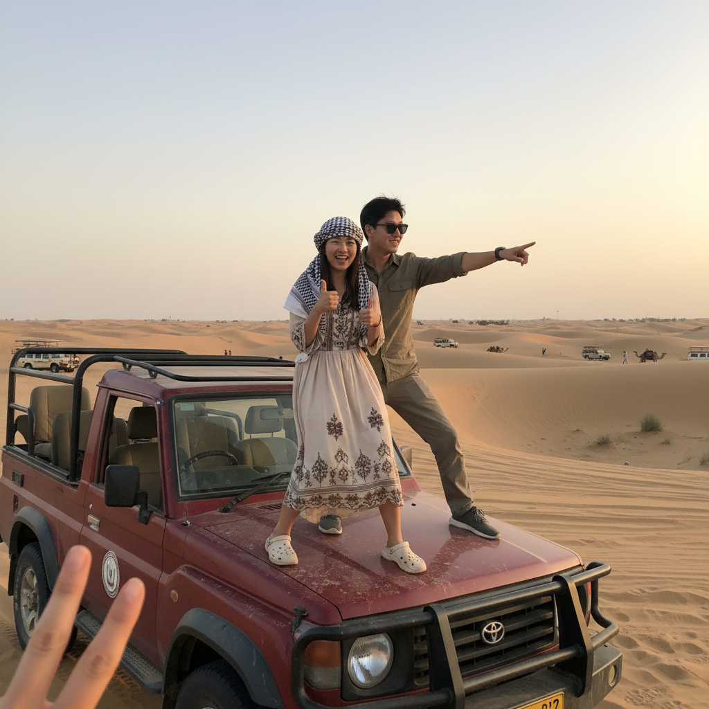 사막 사파리 투어 중 지프차 위에서 포즈를 취하는 모습