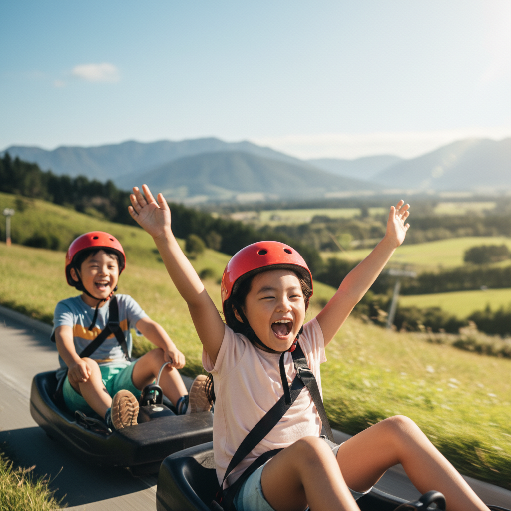 헬멧을 쓰고 루지에 앉아 신나게 웃고 있는 아이들