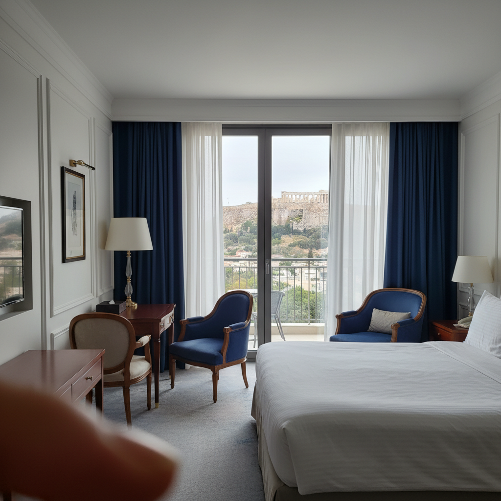 아크로폴리스가 보이는 발코니가 있는 고급 호텔 객실