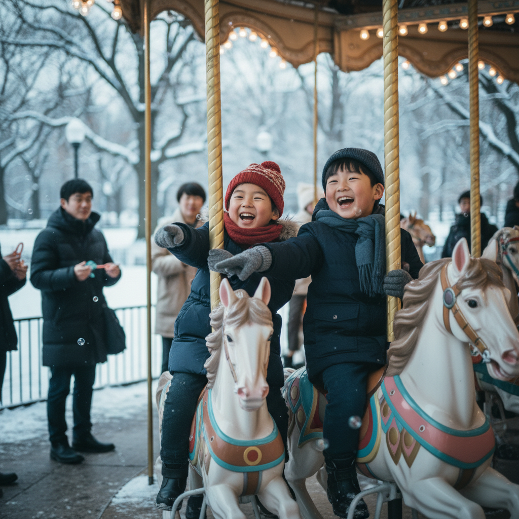 센트럴 파크 회전목마를 타며 활짝 웃고 있는 아이들