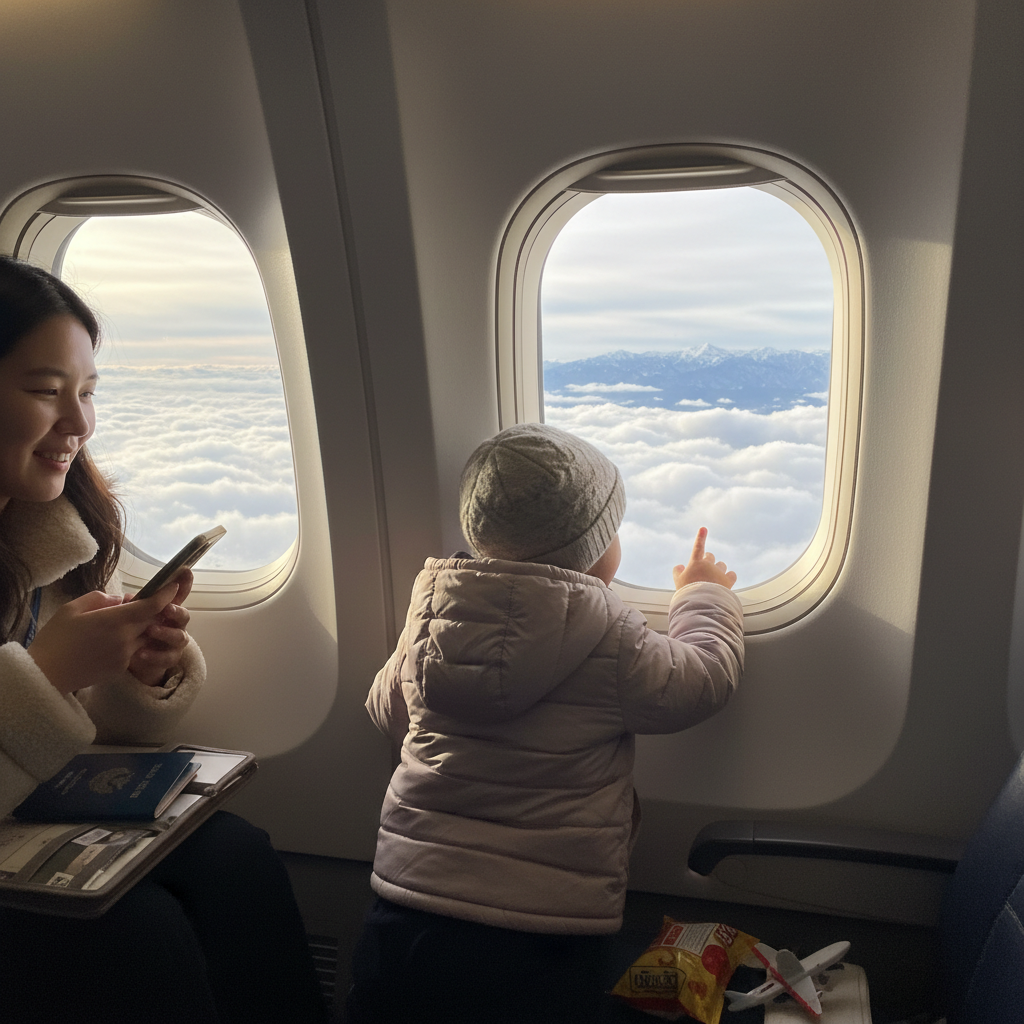 비행기 창밖을 신기하게 바라보는 아이의 뒷모습