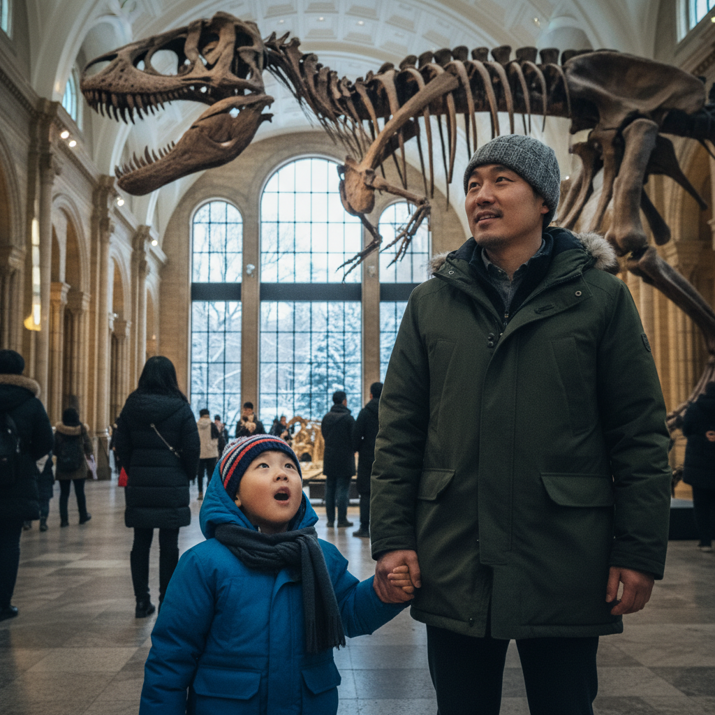 박물관 공룡 화석 앞에서 신기한 표정으로 올려다보는 아이와 아빠