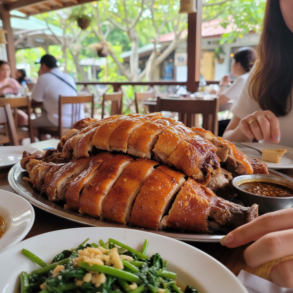 황금빛으로 바삭하게 구워진 레촌 한 접시