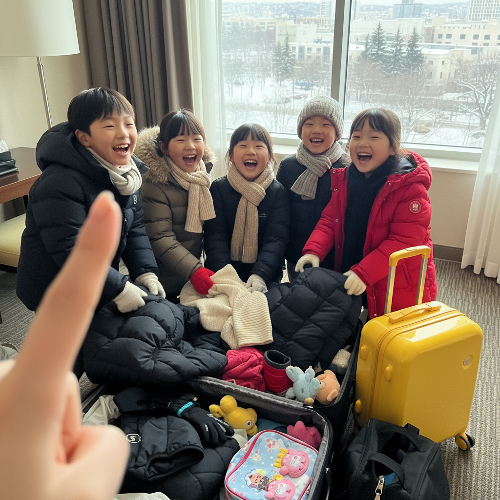캐리어 옆에 옹기종기 모여 신나게 웃고 있는 아이들과 여행 준비물