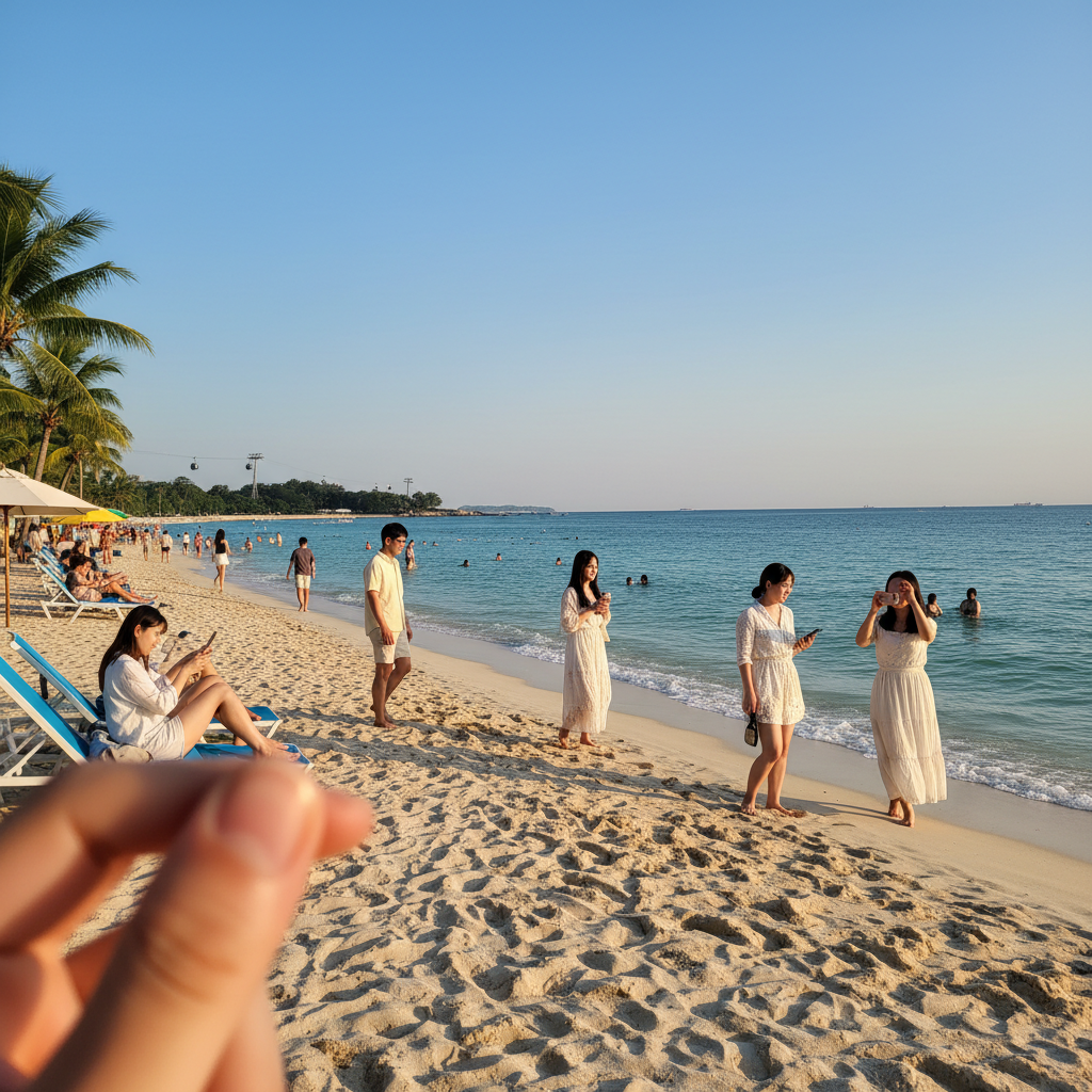 센토사 섬의 아름다운 해변과 여유로운 사람들