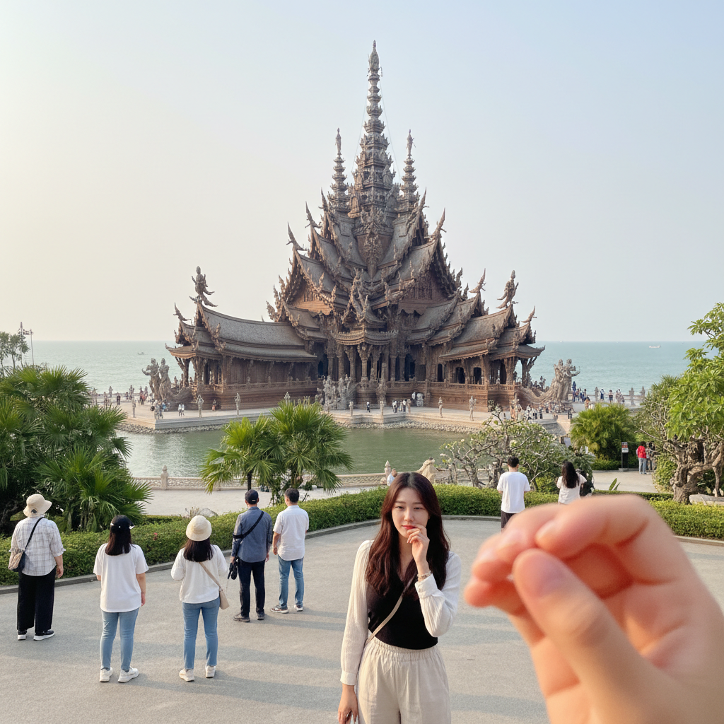 바다를 배경으로 웅장하게 서 있는 진리의 성전의 정교한 목조 조각