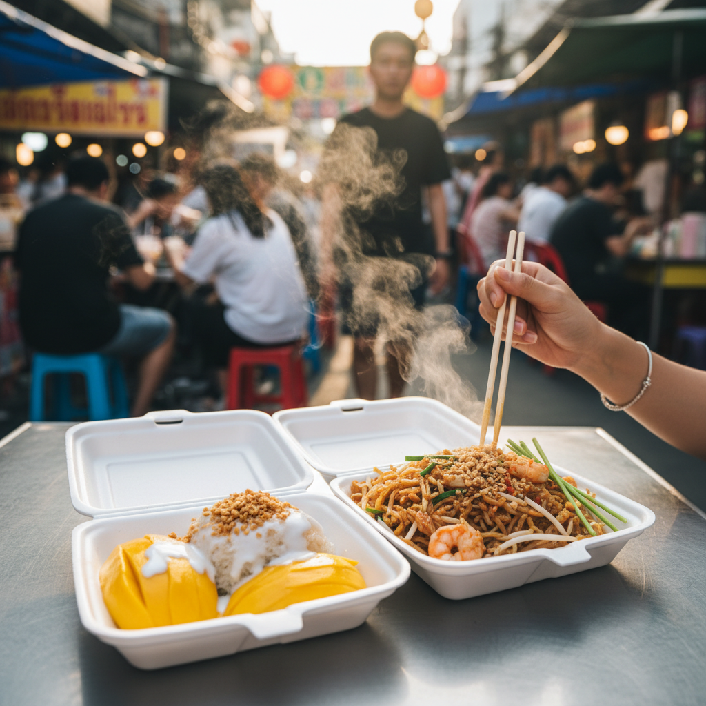 김이 모락모락 나는 길거리 팟타이와 망고스티키라이스