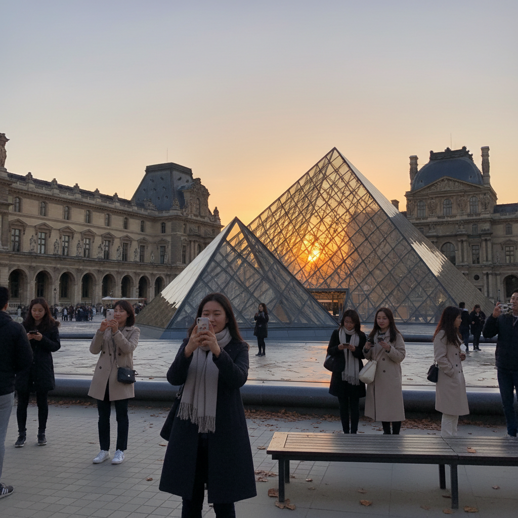 해 질 녘 노을빛에 물든 파리 루브르 박물관과 유리 피라미드