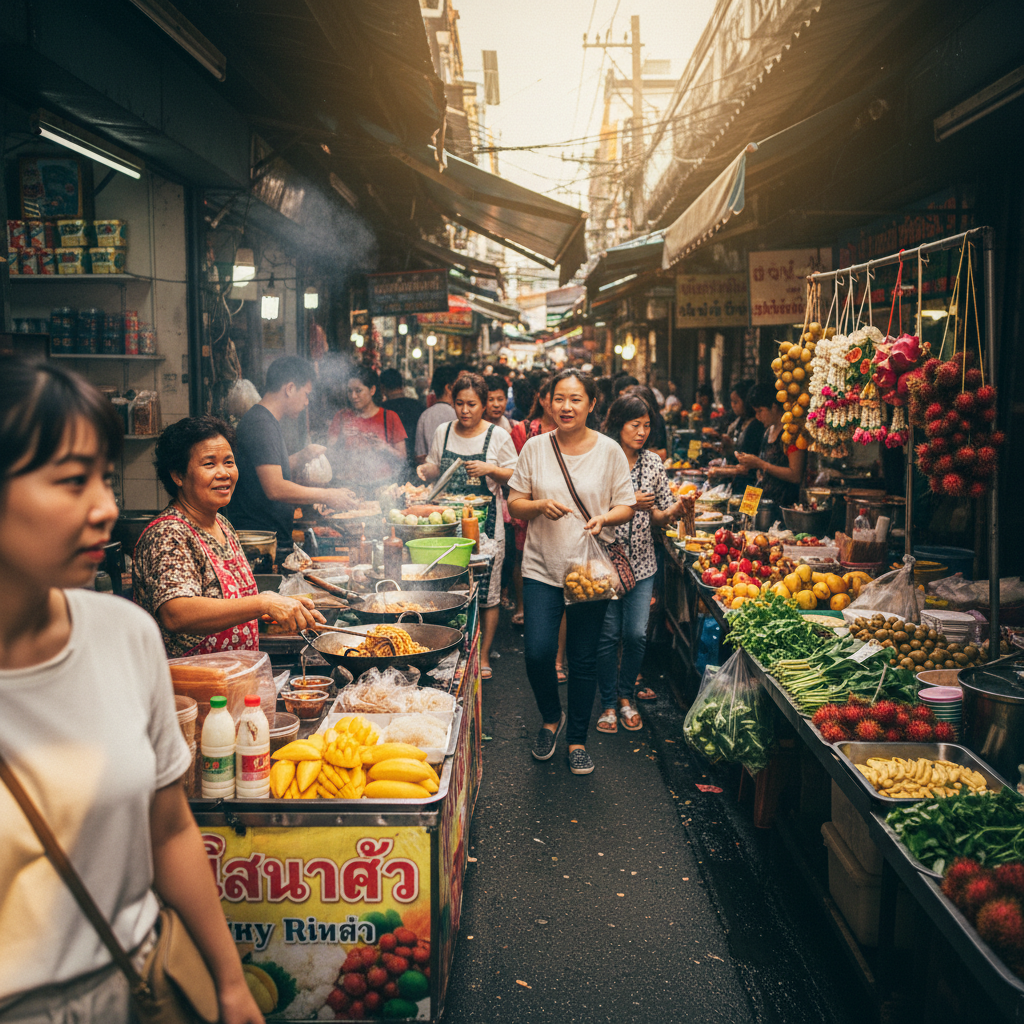 현지인들로 북적이는 방콕의 작은 골목 시장 풍경