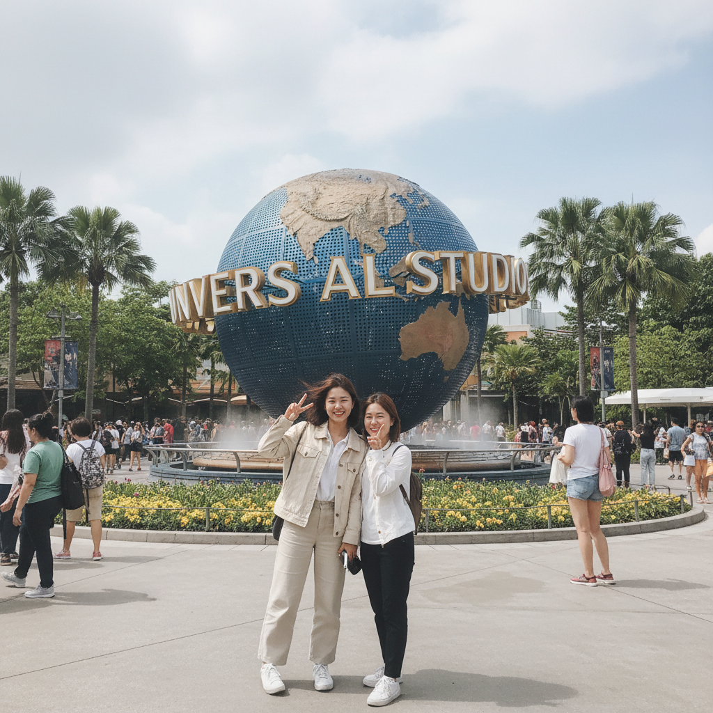 센토사 섬의 유니버설 스튜디오 지구본 앞에서 찍은 사진