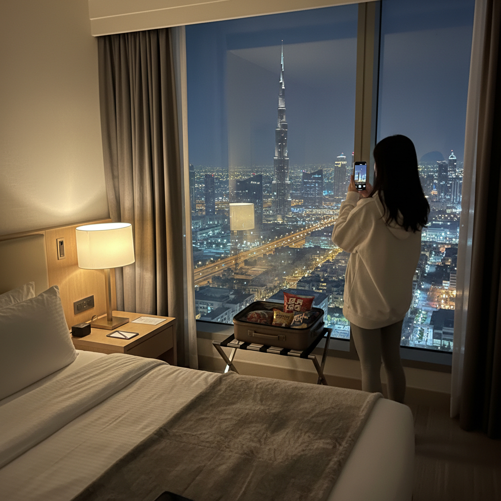 깔끔하게 정돈된 호텔 방과 창밖으로 보이는 두바이 야경