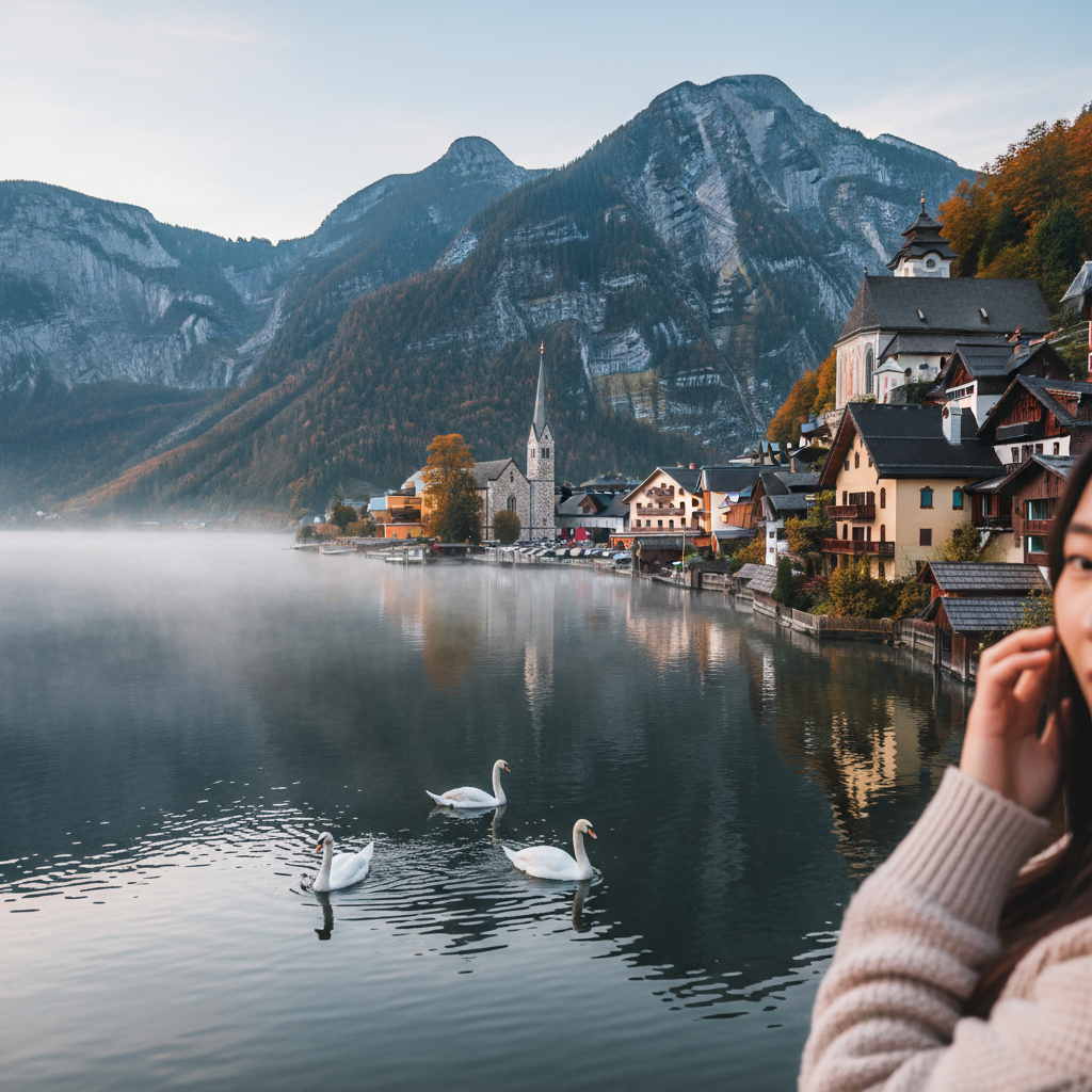 아침 물안개가 피어오르는 할슈타트 호수와 그림 같은 마을 풍경, 호수 위를 떠다니는 백조 몇 마리