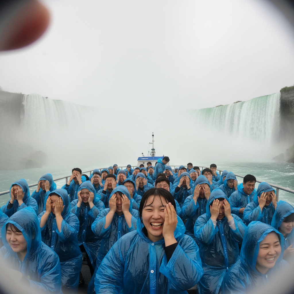 나이아가라 폭포의 거센 물보라를 맞으며 유람선을 타는 사람들
